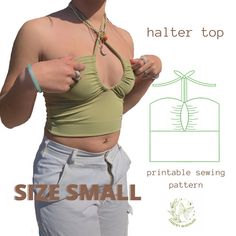 a woman wearing white shorts and a green top with the words, halter top printable sewing pattern