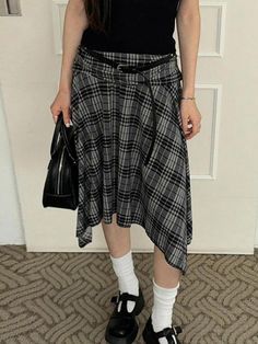 Low Rise Plaid Asymmetric-Hem Midi A-Line Skirt - AnotherChill Street Y2k, Vintage Preppy, Mary Jane Heels, Skirts Online, Genuine Leather Bags, British Indian, Skirt Black, Asymmetric Hem, A Line Skirt