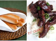 two pictures side by side, one with meat and the other with rice