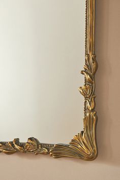 an ornate gold framed mirror hanging on the side of a wall with a plant motif