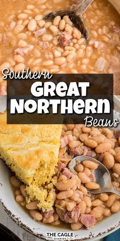 southern great northern beans in a bowl with a spoon and cornbread on the side