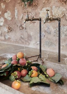 some fruit is laying on the ground next to two faucets with water running from them