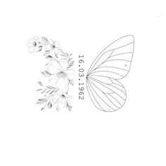 a drawing of a butterfly and flowers on a white background