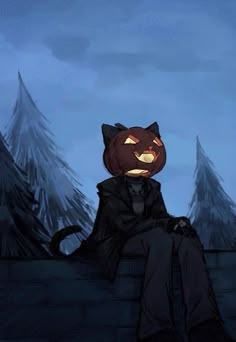 a cat sitting on top of a bench with a jack o lantern