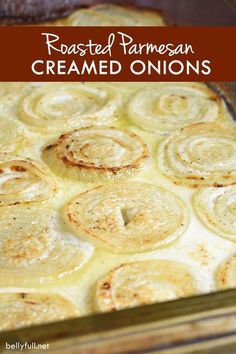 roasted parmesan cremed onions in a casserole dish with text overlay