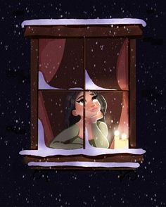 a woman is looking out the window at snow falling on her and candles lit in front of her