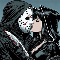 a woman kissing a man wearing a mask and holding a knife in front of her face