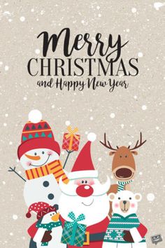 merry christmas and happy new year card with santa claus, snowman, reindeers