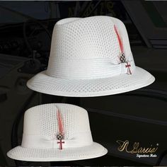 Handmade with the highest quality materials of 100% cotton string Style: Classic Lowrider Derby Color: White Hat Band: White Feathers: Rooster Hat Pin: Cross Brand: Garcia Signature Hats All sales are final  Social Media  Facebook @garciasignaturehats Instagram @garciasignaturehats White Fitted Fedora Straw Hat, White Adjustable Fedora With Short Brim, Adjustable White Fedora With Short Brim, White Fitted Hat Band For Beach, White Fitted Hat Bands For The Beach, White Fitted Fedora For Kentucky Derby, Fitted White Fedora For Kentucky Derby, White Fitted Fedora Hat, White Fitted Fedora Sun Hat