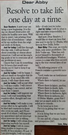 a newspaper clipping with the words, dear aby recover to take life one day at a time