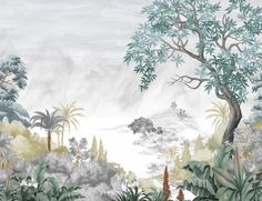 a painting of birds and plants with mountains in the background