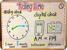 an analog clock is shown on a piece of paper that says telling time and also shows the digital clock