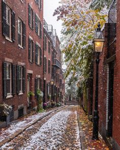 an alleyway with brick buildings and trees covered in snow during the fall season, surrounded by leaves on the ground