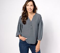 Pretty meets polished in this printed peasant blouse. The easy silhouette pairs perfectly with your favorite denim, while dropped, gathered sleeves offer effortless feminine style. From NYDJ. Peasant Top With Blouson Sleeves For Work, Casual Printed Peasant Top For Fall, Casual Blouse With Gathered Sleeves, Casual Blouse With Gathered Sleeves For Fall, Spring Casual Peasant Top With Gathered Sleeves, Casual Peasant Top With Blouson Sleeves For Spring, Casual Printed Blouse With Balloon Sleeves, Casual Peasant Top With Balloon Sleeves, Easy Silhouette