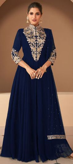 Blue color Salwar Kameez in Georgette fabric with Embroidered, Sequence work Luxury Turquoise Salwar Kameez With Zari Work, Blue Georgette Kurta For Reception, Blue Anarkali Kurta For Wedding, Blue Long Sleeve Churidar For Reception, Blue Semi-stitched Traditional Wear For Formal Occasions, Blue Anarkali Set With Dori Work For Eid, Festive Blue Dori Work Anarkali Set, Blue Georgette Anarkali Set For Eid, Festive Blue Anarkali Set With Dori Work