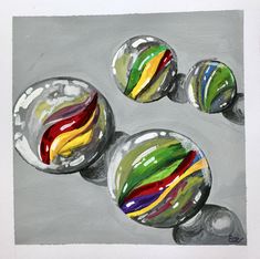 three glass marbles with different colors and shapes on a gray background, painted in acrylic paint