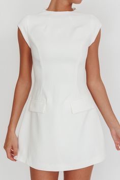 Shop the Aristos Cap Sleeve Mini Dress White | Selfie Leslie Chic A-line Mini Dress With Structured Shoulders, Chic A-line Mini Dress With Box Pleat, Modern Fitted A-line Mini Dress, Fitted A-line Mini Dress For Office, Elegant A-line Mini Dress With Structured Shoulders, Chic A-line Fit And Flare Mini Dress, Chic Seamed Midi-length Dress, Chic Midi-length Seamed Dress, Chic Midi Length Seamed Dresses