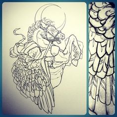 two drawings of an angel with wings and a demon holding a sception in his right hand