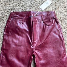 Never Worn Faux Leather Wine Color Pants With Slight Flare Bottoms.The Size Is Medium; However, They Fit Me And I Am A Size Women’s 4. They Are Very Nice Just Too Youthful For Me Wide Leg Red Leather Pants For Fall, Red Faux Leather Pants For Night Out, Red Fitted Faux Leather Pants, Chic Red Faux Leather Pants, Red Faux Leather Bottoms For Night Out, Red High Waist Faux Leather Bottoms, Red High Waist Leather Pants For Spring, Red Faux Leather Pants For Fall, High Waist Red Leather Pants For Spring