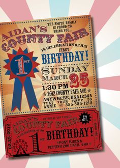 an old fashioned birthday party ticket with the number one on it's front and back