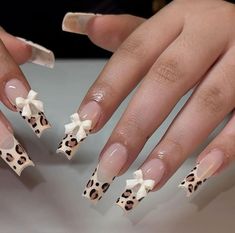 Deco Nails, Cheetah Print Nails, Square Press On Nails, Brown French, Cheetah Nails, Leopard Print Nails, Girly Acrylic Nails, Leopard Nails, Animal Print Nails