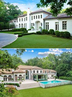 two pictures of a large white house with a pool in the front yard and on the back