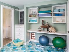 an image of a bedroom with blue and white decor on the walls, including bookshelves