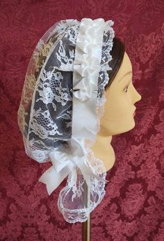 White Lacy Daycap with lappets and white folded ribbon | Etsy Elegant Lace Bonnet With Lace Trim, White Lace Adjustable Bonnet, White Adjustable Lace Bonnet, Adjustable Lace Wedding Bonnet, White Fitted Hat With Lace Trim, White Adjustable Bonnet For Wedding, Wedding Bonnet With Lace Trim, White Adjustable Wedding Bonnet, Vintage Wedding Bonnet With Lace Trim