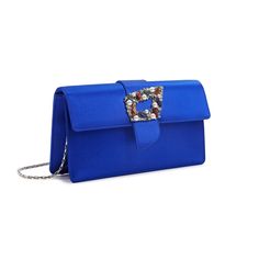 Electric blue satin rectangular clutch bag featuring flap-over design and crystal tutti frutti buckle. Contains internal compartment and removable chain. Magnetic closure. Outer: 68% viscose, 32% silk. Lining : 68 viscose, 32% silk. Height : 12 cm Length: 24 cm Width : 6 cmMade in Italy Rectangular Evening Bag With Magnetic Closure For Events, Chic Rectangular Clutch For Dinner, Luxury Evening Bag With Fold Over Clasp For Party, Blue Clutch Evening Bag With Chain Strap, Blue Party Clutch With Chain Strap, Blue Clutch With Chain Strap For Formal Occasions, Blue Clutch With Chain Strap For Formal Events, Chic Blue Clutch Evening Bag, Blue Formal Clutch With Chain Strap