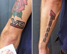 two images show the same tattoo on one arm and an image of a rose on the other