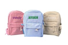 💕Nice to meet you here!  💕Our embroidered backpack can embroider your name on the backpack, mark your backpack, and become unique! 💕The corduroy embroidered backpack is usually made of soft polyester fiber material, providing a comfortable feeling, especially on cold days. Available Colors Our best-selling backpack colors include black, khaki, blue, green, light gray, and pink. Size: 40*28*12cm HOW TO ORDER 1. Select Bag Color 2. Text content (up to 2 words) 3. Thread Color(text)+ Font More embroidery products https://www.etsy.com/sg-en/listing/1625098764/custom-embroidered-couples-portrait?ref=listings_manager_grid Return and Exchange 🔄🚫 Regrettably, we do not provide refund, return, or exchange services. Therefore, we strongly recommend making an informed decision prior to finalizin Personalized Blue Backpack For Travel, Casual Personalized Travel Backpack, Blue Personalized Standard Backpack, Casual Personalized Standard Backpack, Personalized Blue Standard Backpack, Personalized Blue Travel Backpack, Casual Standard Backpack With Embroidered Logo, Personalized Casual Backpack For Everyday Use, School Backpack With Embroidered Logo