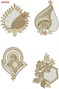 four different types of embroidery designs on white paper, each with an intricate design in the middle