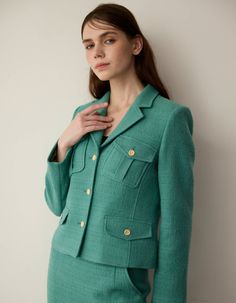 Green Skirt Suit For Fall, Tailored Green Skirt Suit With Long Sleeves, Tailored Green Long Sleeve Skirt Suit, Elegant Green Tweed Jacket For Office, Elegant Green Tweed Blazer, Classic Green Skirt Suit For Work, Elegant Green Tweed Jacket, Fitted Green Tweed Jacket With Welt Pockets, Tailored Green Skirt Suit For Office