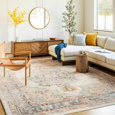 a living room filled with furniture and a large rug