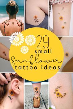 small sunflower tattoo designs on the back of girls'backs and thighs, with yellow flowers behind them