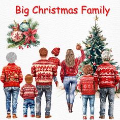 a watercolor painting of family standing in front of a christmas tree with the words, big christmas family