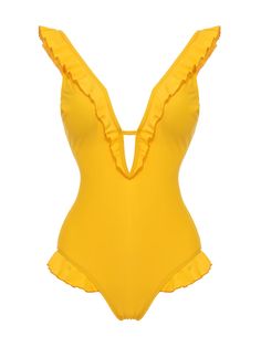 Yellow V-Neck One-piece Swimsuit – Retro Stage - Chic Vintage Dresses and Accessories Bright Swimsuit, Yellow Bathing Suit, Retro Stage, Yellow Swimsuits, Retro Swimsuit, 1 Piece Swimsuit, Standard Dress, Blue Green Orange, Chic Vintage