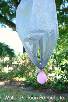 a plastic bag hanging from a tree with a pink balloon attached to the top of it