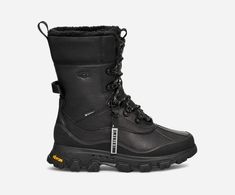 a pair of black snow boots with laces on the outstep and side zipper