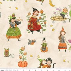 an image of halloween fabric with pumpkins and witches