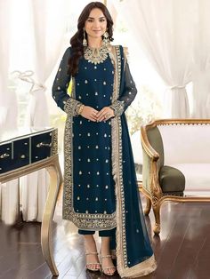 Blue color Salwar Kameez in Georgette fabric with Embroidered, Thread, Zari work  Order now @ https://www.indianweddingsaree.com/product/georgette-mehendi-sangeet-salwar-kameez-in-blue-with-embroidered-work-1890148