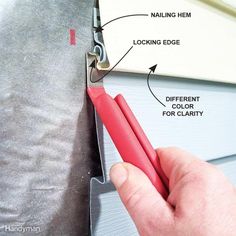 a hand holding a red piece of tape next to a window sealer with instructions on how to fix it