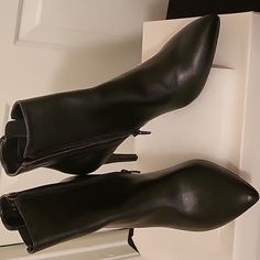 Nice Black Leather Ankle Boots. Never Worn. Walk The Walk And Break In These Comfy Babies! Size 8 Chic High-top Heeled Boots With Padded Ankle, Chic High-top Faux Leather Boots, Synthetic Ankle Boots For Night Out, Night Out Faux Leather Heeled Boots With Padded Ankle, Synthetic Ankle Heeled Boots For Night Out, Chic Ankle Booties In Faux Leather, Chic Synthetic Booties With Pointed Toe, Ankle-high Faux Leather Heeled Boots For Night Out, Faux Leather Ankle-high Heeled Boots For Night Out