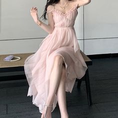 Pink Strap Dress, Spaghetti Strap Summer Dress, 2024 Spring Summer, Fitted Midi Dress, High Waist Dress, Solid Color Dress, Korean Dress, Fairy Dress, Mid Dresses