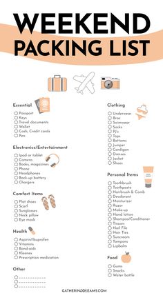 the ultimate weekend packing list is shown in black and white with an orange ribbon around it