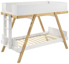 a white bunk bed with a wooden frame and ladders on the bottom level, against a white background