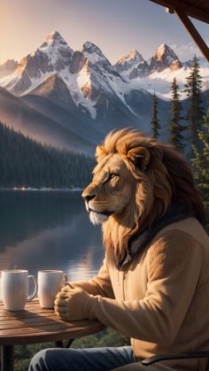 a painting of a lion sitting at a table with two coffee cups in front of him