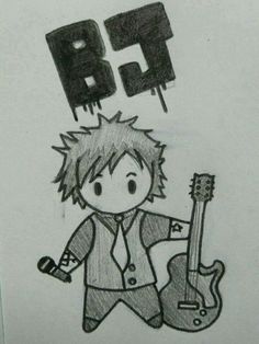 a drawing of a boy with a guitar and the letter b is above his head