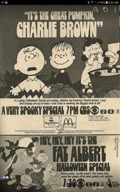 an advertisement for charlie brown's halloween party with cartoon characters on the front and back