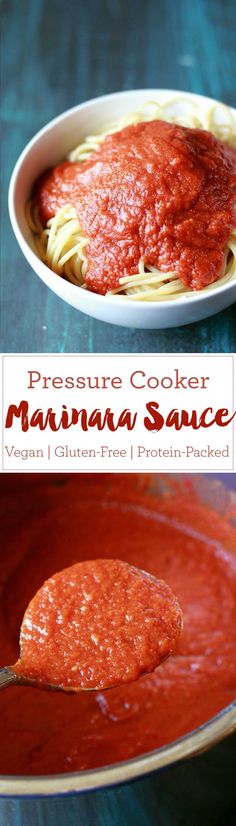 the pressure cooker is full of marina sauce and pasta, with a spoon in it